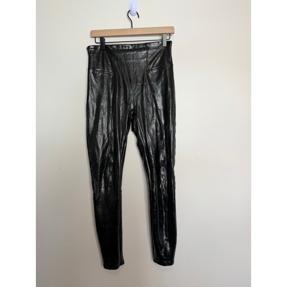 Spanx Black Faux Leather Moto Leggings High Waisted Patent Glossy Size Medium